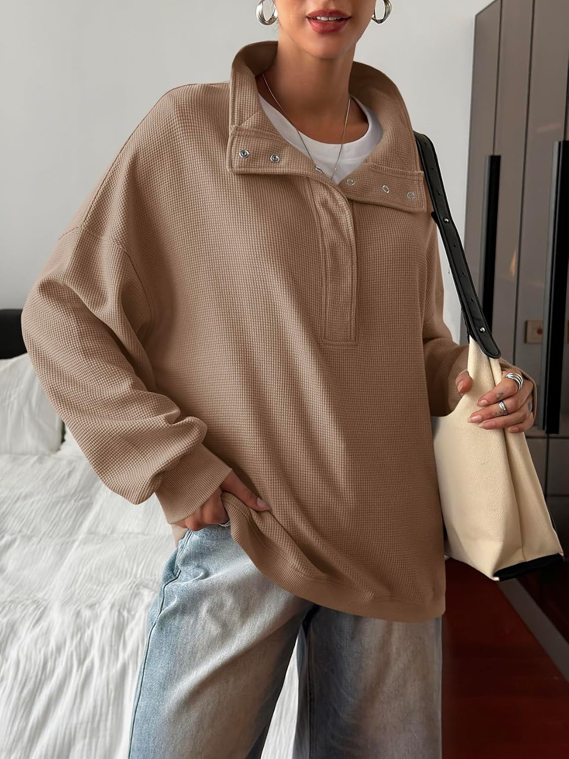 Fisoew Womens Waffle Knit Oversized Sweatshirt Casual Snap Stand Collar Long Sleeve Pullover Tops Fall Travel Outfits
