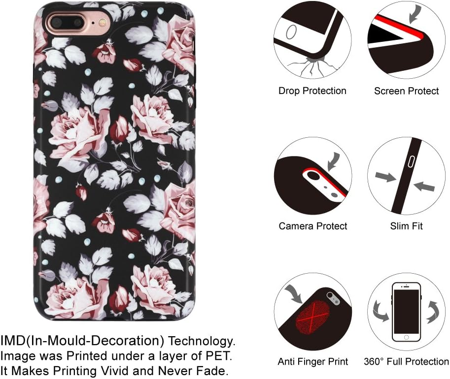 NASOUSA iPhone 7 Plus for Girls,Floral case,IMD Printing Slim-Fit Ultra-Thin Anti-Scratch Shock Proof Dust Proof Anti-Finger Print TPU Case for iPhone 8 Plus(5.5 inch)(Pink Rose)