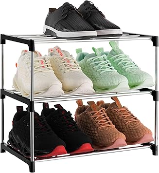 Xerhnan 3-Tier Stackable Small Shoe Rack, Lightweight Shoe Shelf Storage Organizer for Entryway, Hallway and Closet(Black)