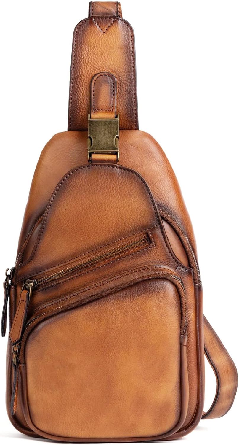 Vintage Full Grain Genuine Leather Sling Bag Men Women Crossbody Chest Shoulder Backpack Daypack Travel Hiking