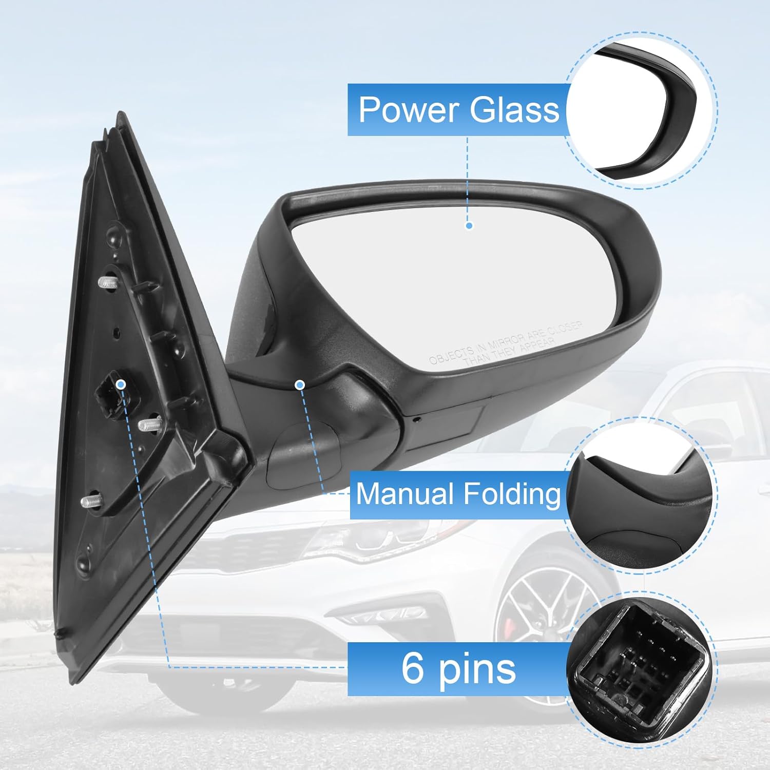 Door Mirror Right Passenger Side Replacement For Kia Optima 2014 2015, Replace 876204C501, Black 6PINS
