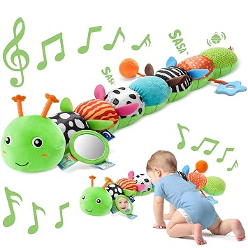 Sumobaby Baby Toys 0-6 6-12 Months, Music Caterpillar Plush Toy with Baby Mirror, Pull String&Crinkle Rattle,Infant Teething Toys,Tummy Time for 0-3-6-12 Month Boys Girls Newborn Gifts Green-Leaf