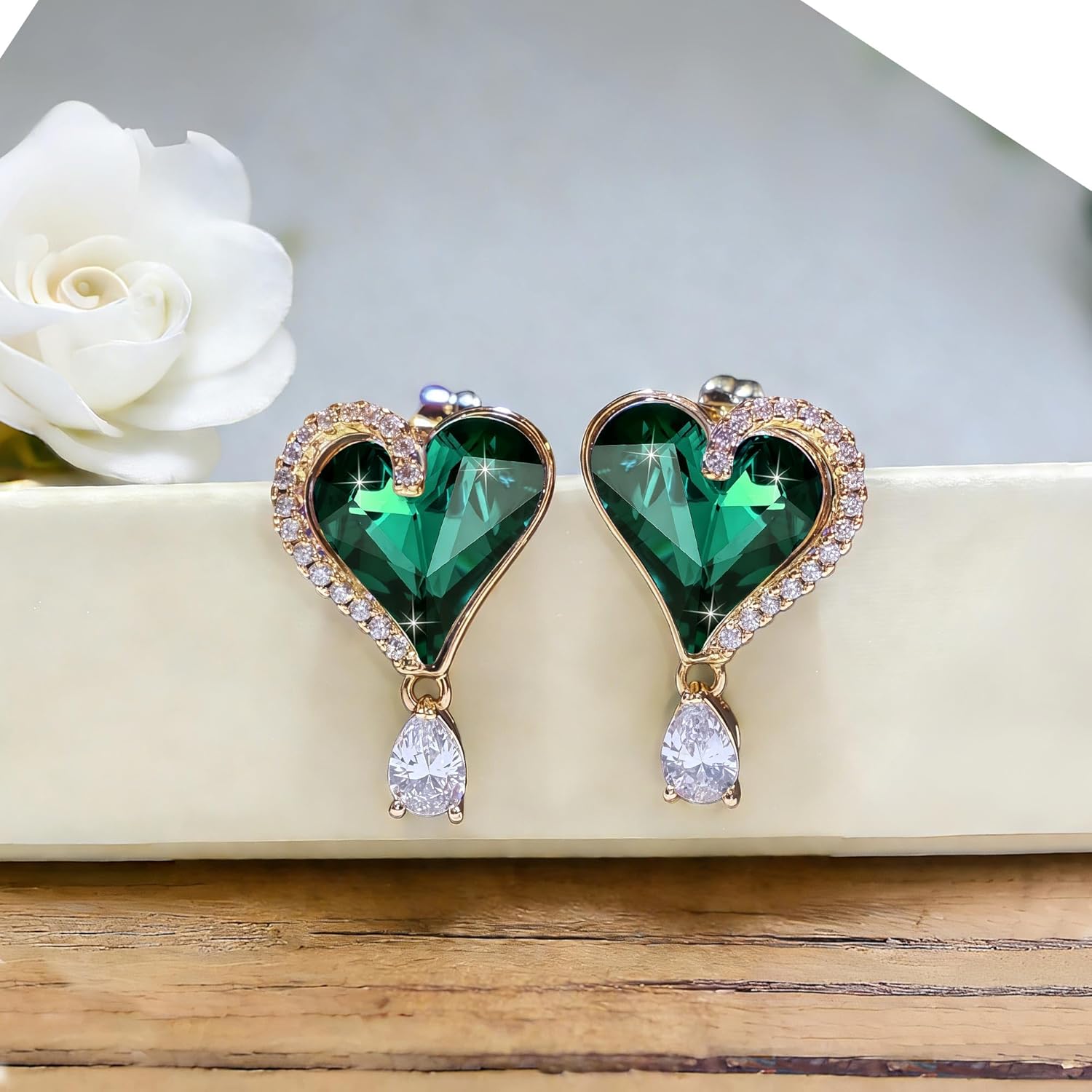 Austrian Crystal Heart Stud Earrings for Women Trendy Halo Drop Earrings 14K Gold Plated Hypoallergenic Jewelry - Image 4