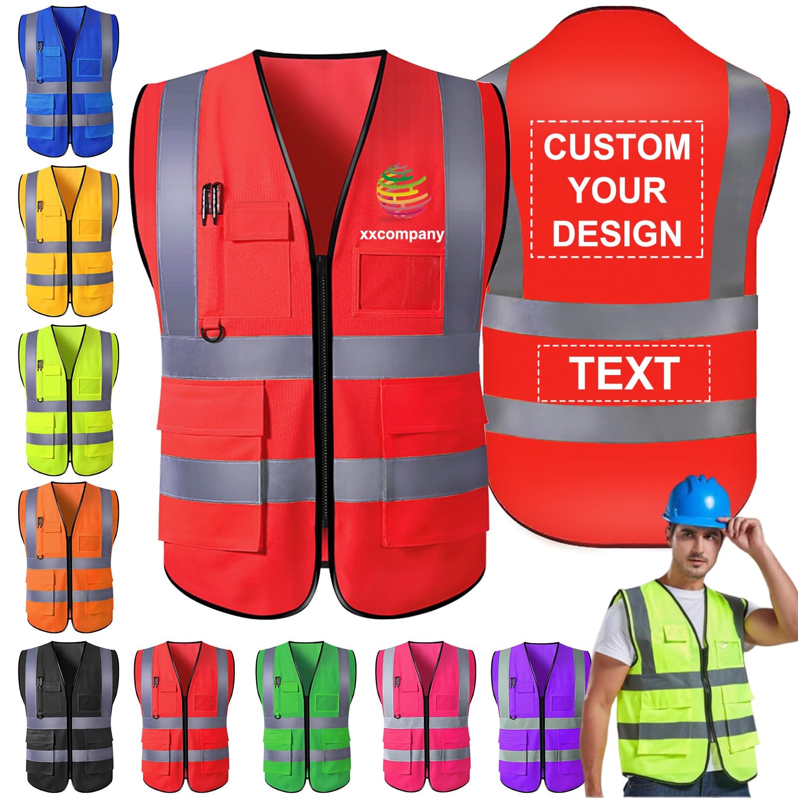 Personalised Hi Vis Vest with Zip Pockets Customised Reflective Safety Security Vests with Logo Customise for Work Construction,Red