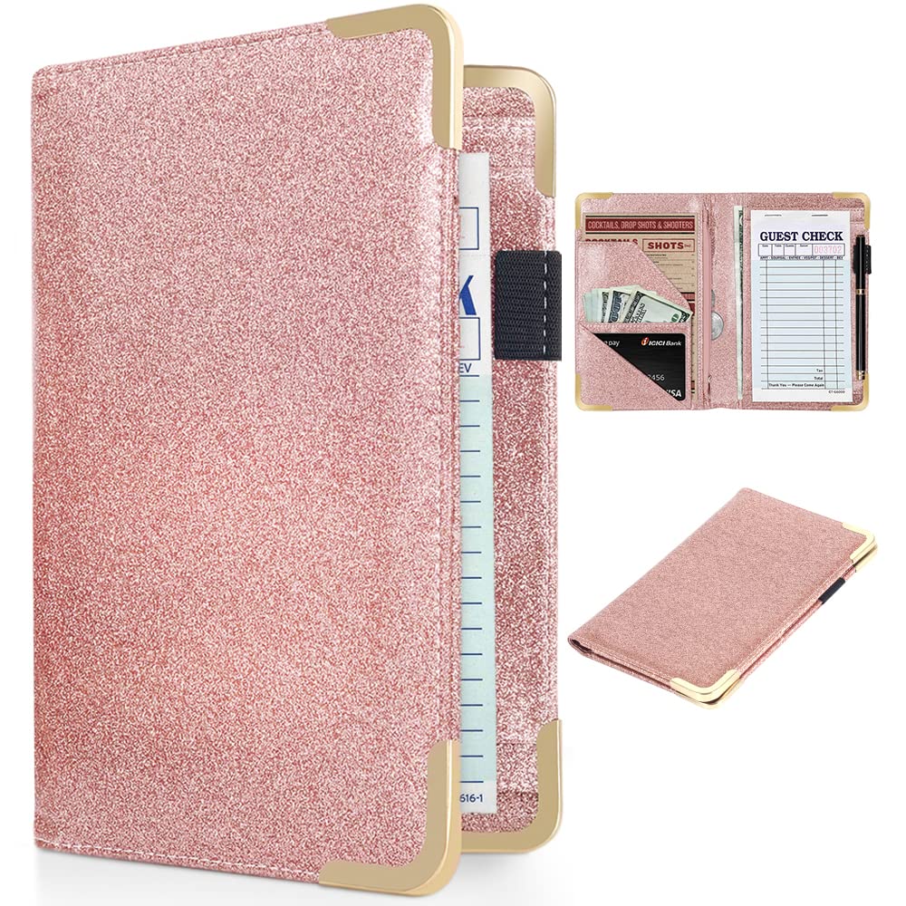 CoBak Server Book - Waitress Book Organizer with Zipper Pouch for Restaurant Waitstaff, 5 Large Pockets with Pen Holder,Pink Glitter.