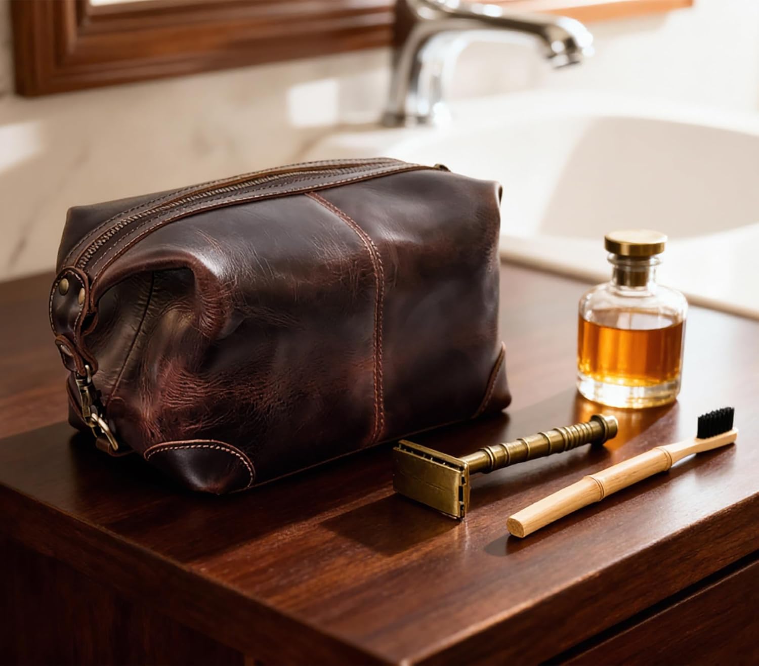RUSTIC TOWN Full Grain Leather Toiletry Bag for Men & Women – Handcrafted Travel Dopp Kit – Large Water-Resistant Makeup & Shaving Organizer, Walnut Brown