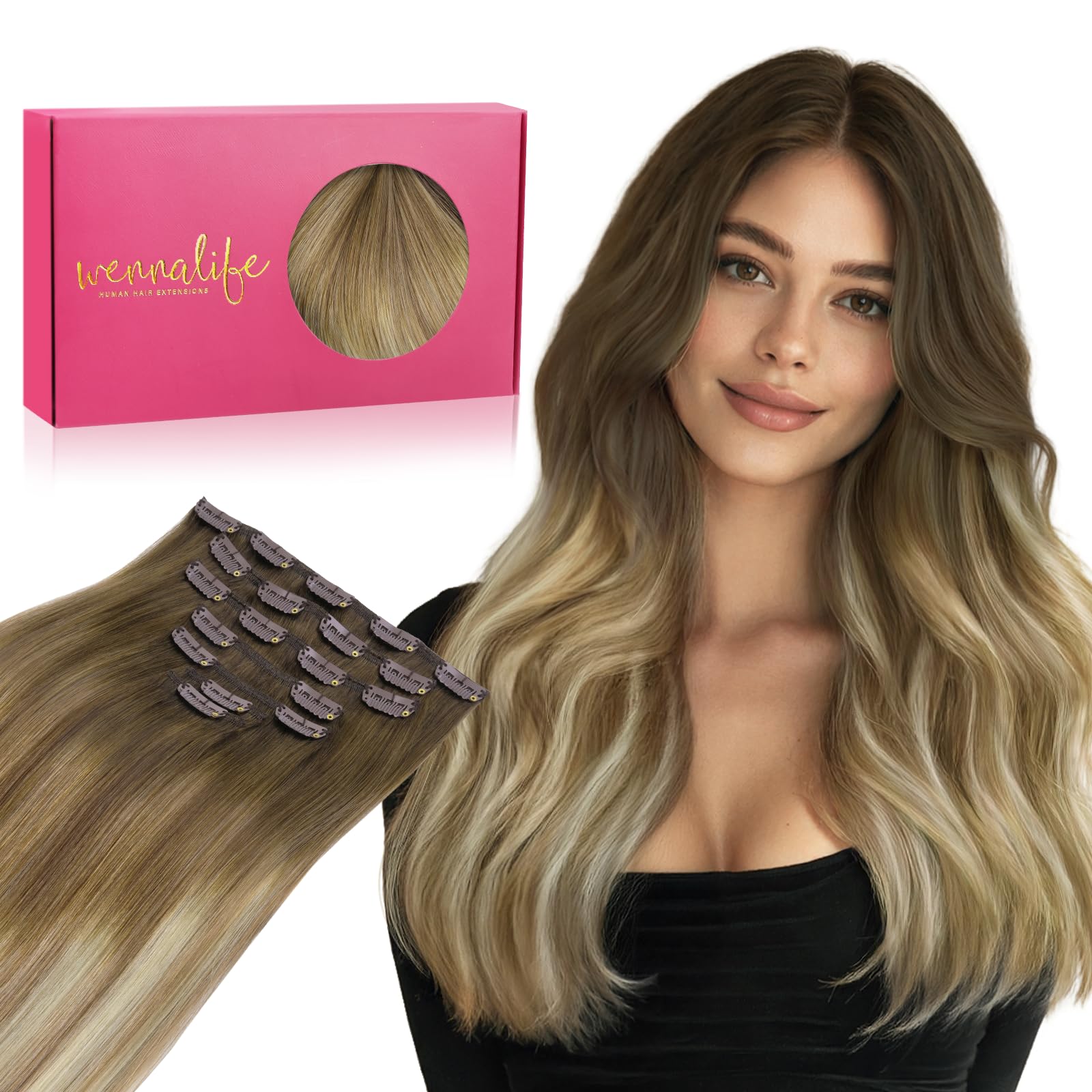 WENNALIFE Clip In Extensions Echthaar, Clip In Extensions Hair Extensions Clip In Remy Natürliche Echthaar Extensions Clip Haarverlängerung Echthaar