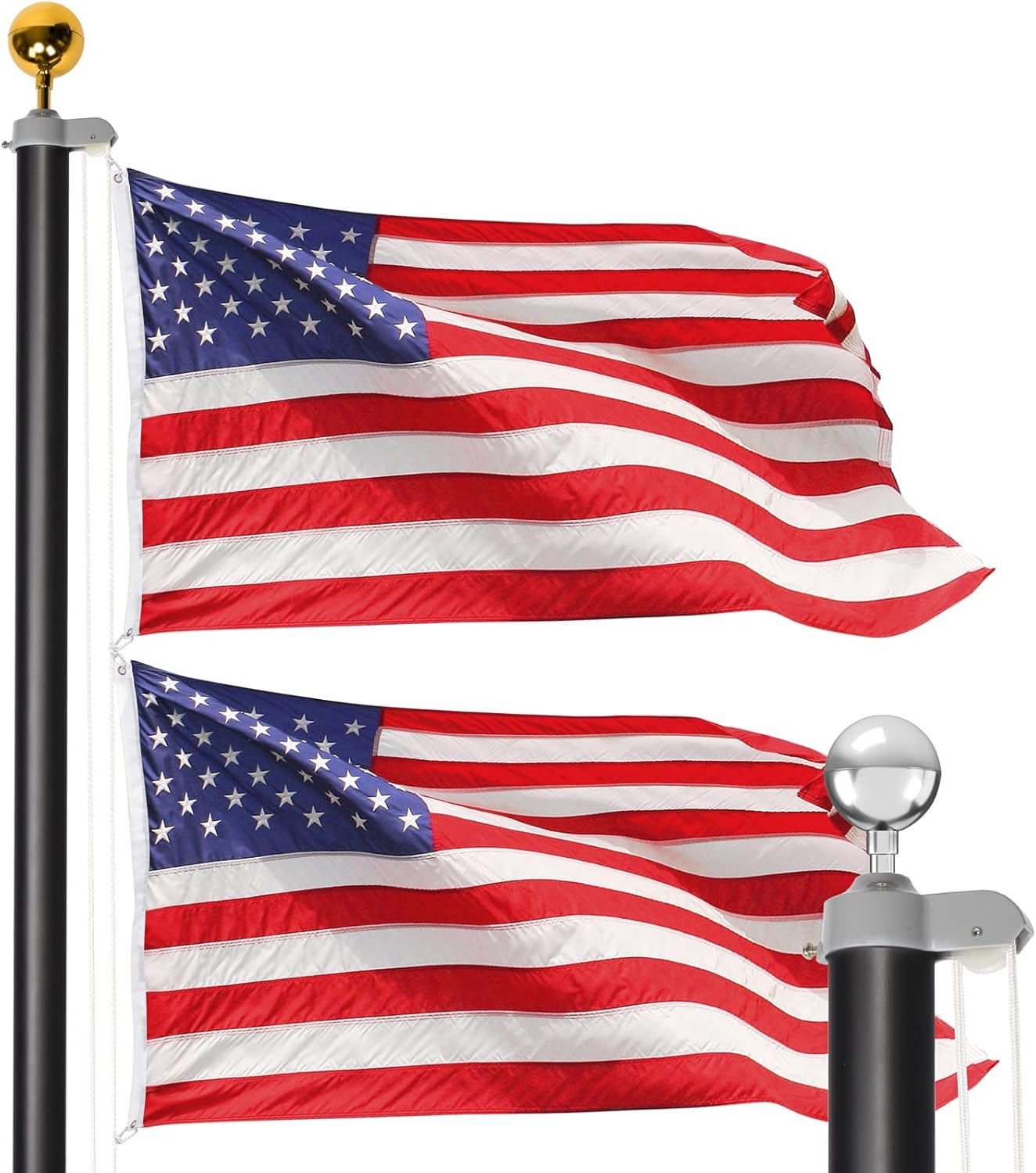 20ft Flag Pole Kit Black - Heavy Duty Residential Flagpole - Sectional Outdoor Inground Thicken Adjustable Height Aluminum Pole Outside Commercial, Golden & Silver Balls, 3x5 USA Flag