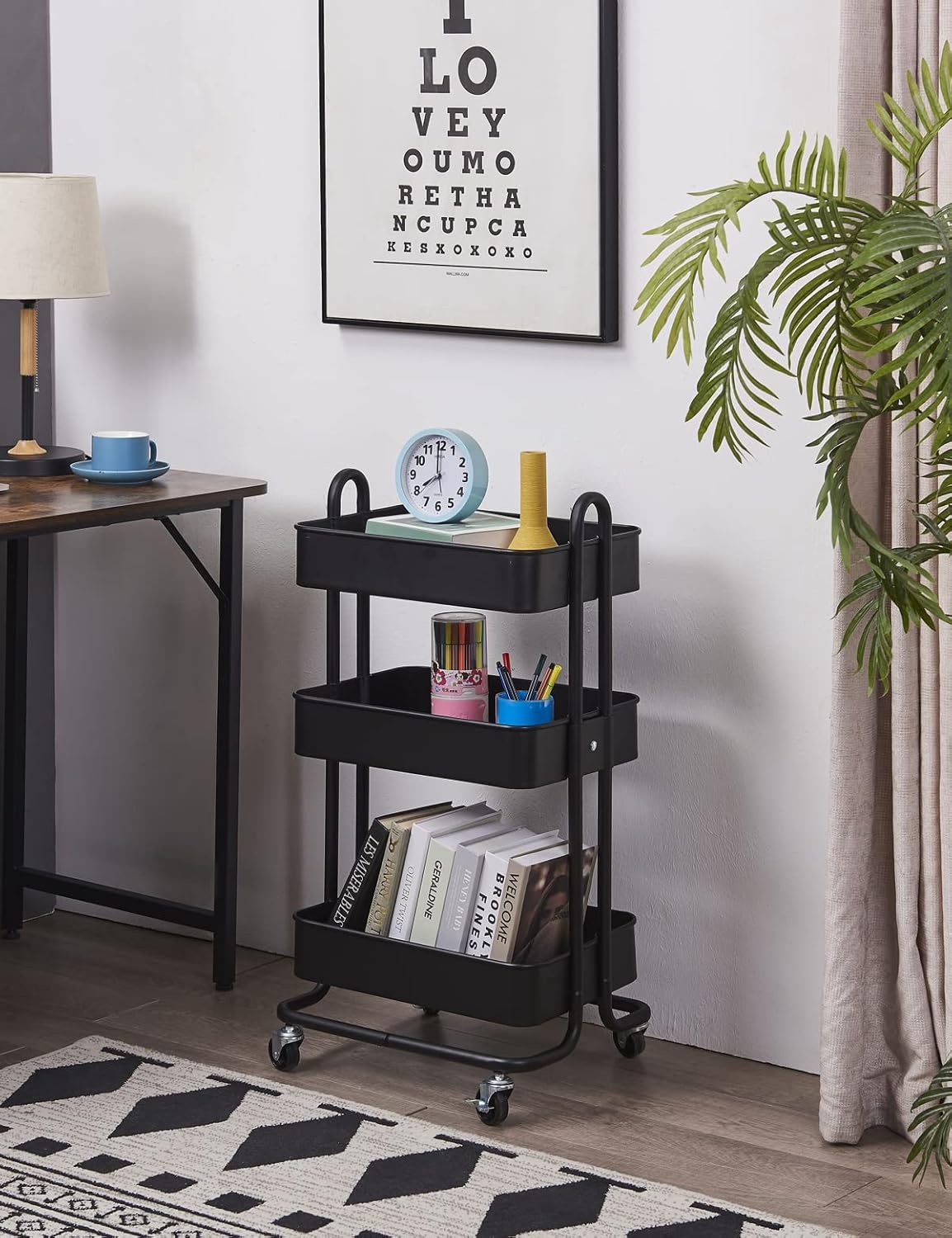 Olysmto 3-Tier Metal Rolling Utility Cart with Wheels, Heavy Duty Multifunctional Cart Organizer for Office, Kitchen, Bathroom, Art Room, Garden, Black : Office Products