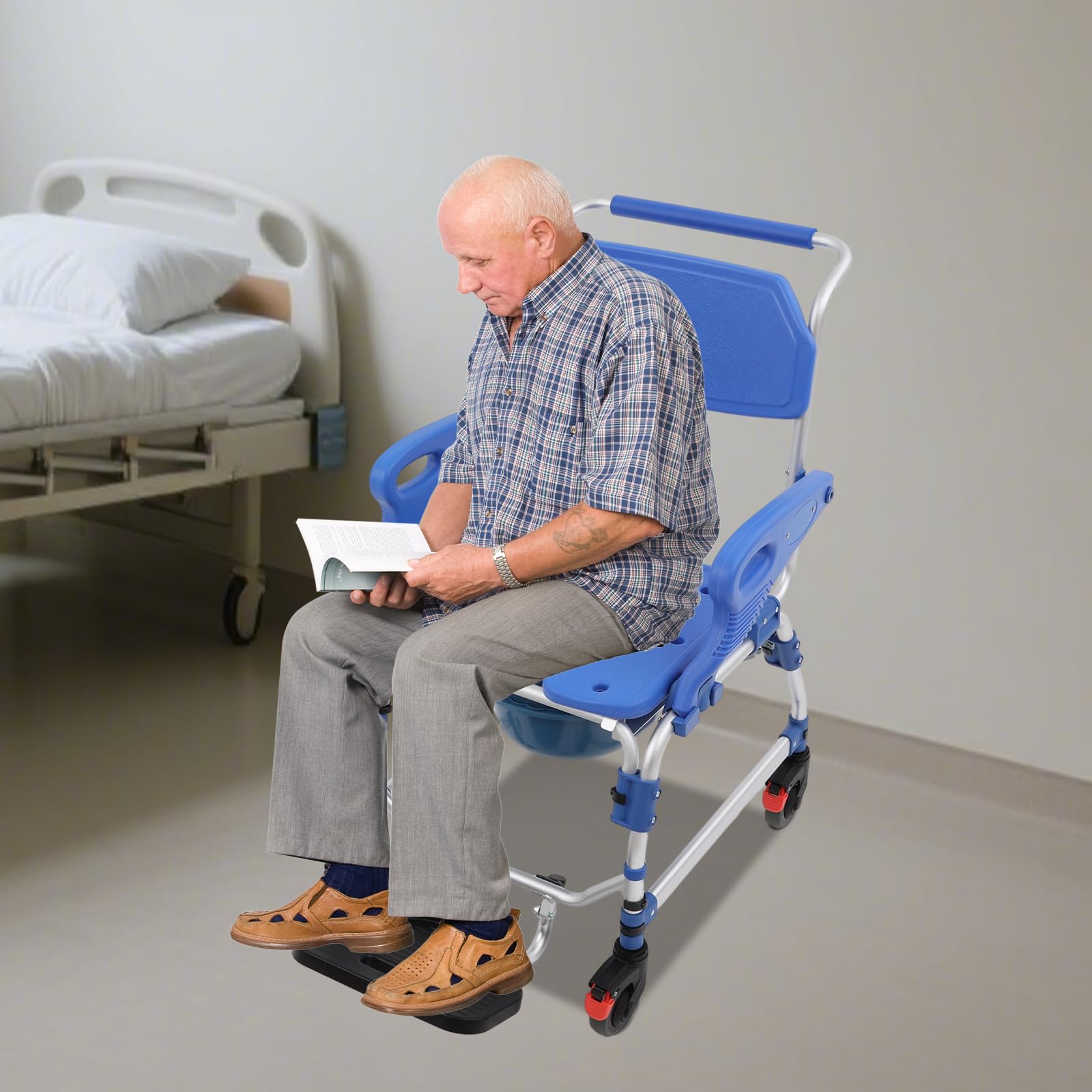 Silla de ducha plegable 2 en 1, silla de inodoro con ruedas con cazo y reposapiés plegable, silla de inodoro móvil para pacientes mayores, discapacitados, embarazadas