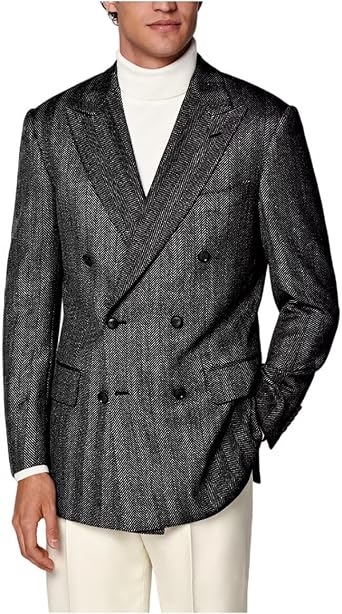 Mens Tweed Blazer Vintage Herringbone Pattern Sport Coat Slim Fit Double Breasted Business Formal Jacket