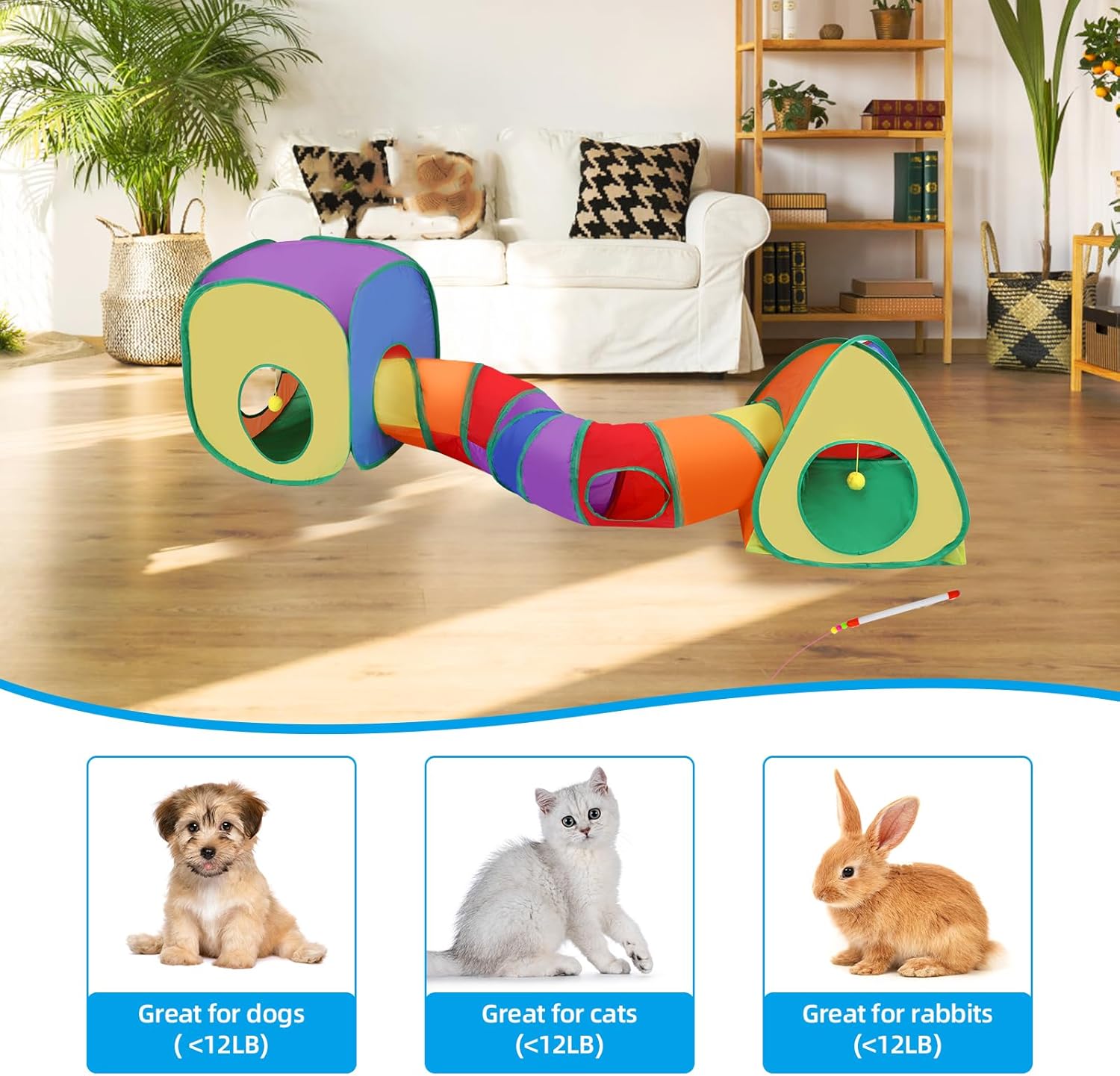 Cat Tunnels for Indoor Cats with Tent Cube and Feather Toy Collapsible Combo, Pop Up Cat Play Tunnel with Interactive Cat Toy Ball for Kitten, Ferret, Puppy, Guinea Pig, Rabbit, Bunny, Multicolour