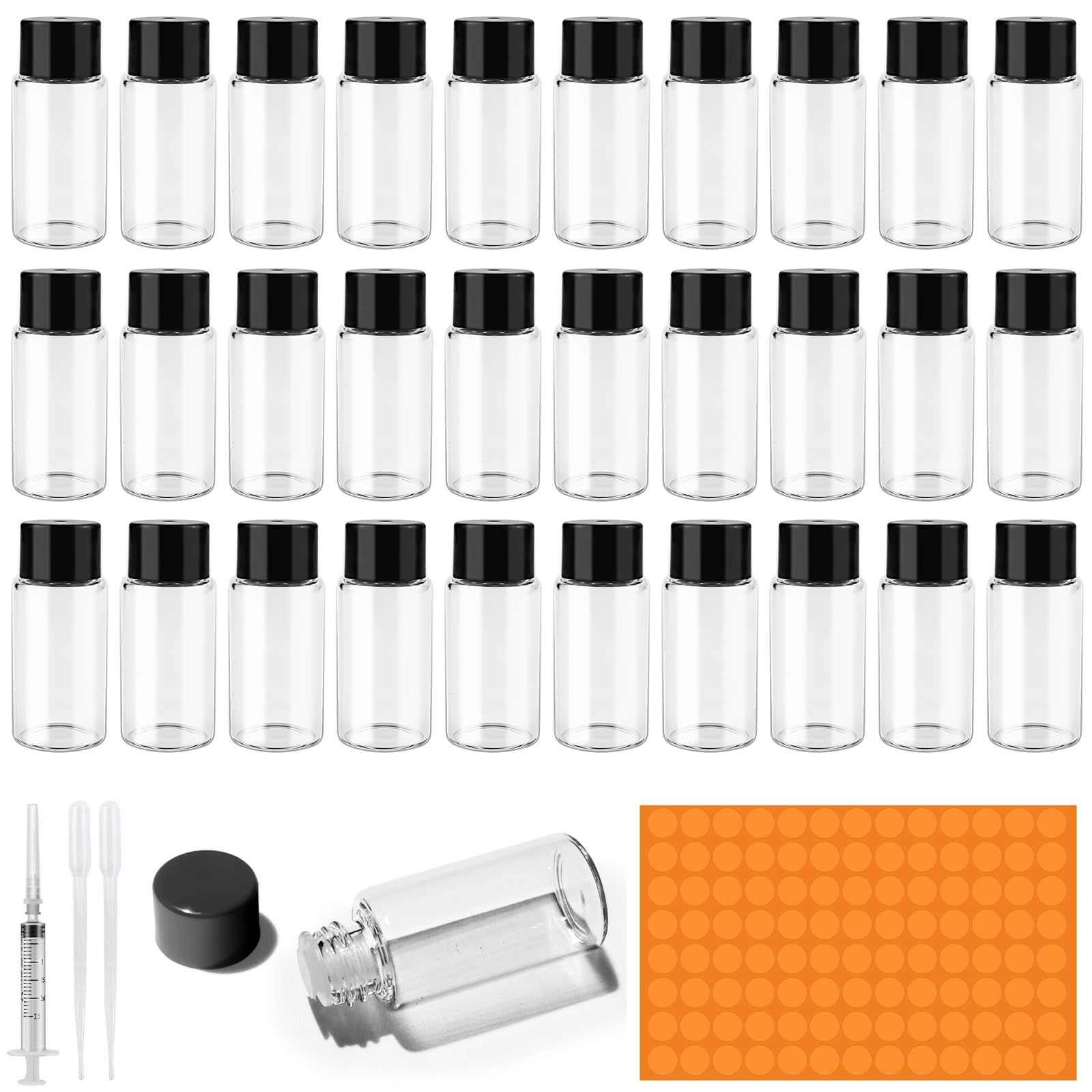 Amentalove 30 Stück 5ml Probe Glasflaschen Mini Glasflaschen Leere Glasflasche, Transparent Glasflasche mit Pipette Spritze Aufkleber, Mini Fläschchen für Ätherisches Öl Parfüm Aromatherapie