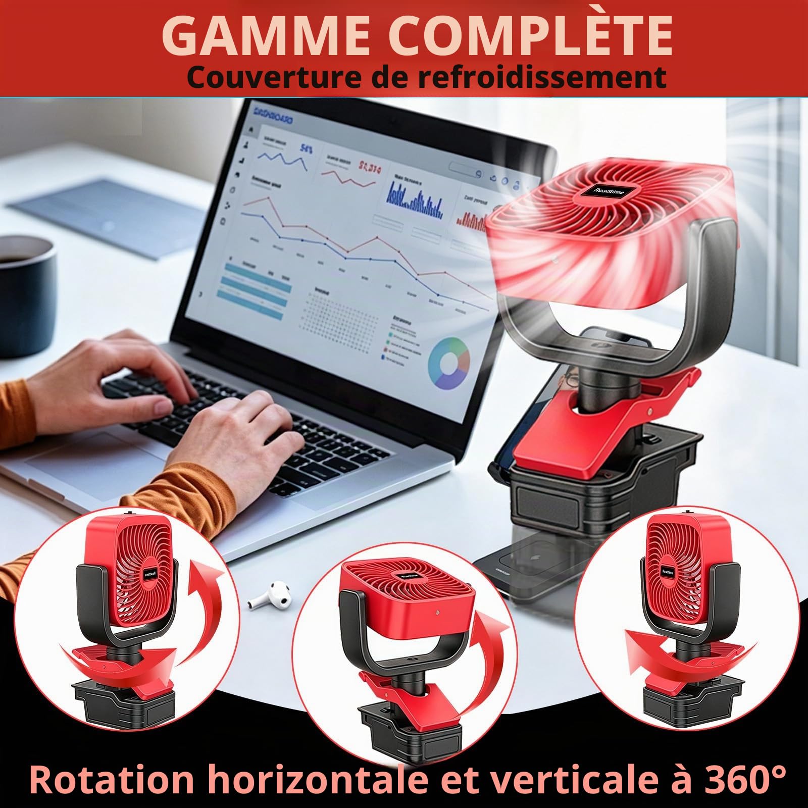Roadtime Ventilateur à clip sans fil pour Milwaukee 18V (sans batterie) | 4 pouces, ventilateur portable à clip, 3 vitesses, angle d'inclinaison réglable, pour camping, voyage, chantier