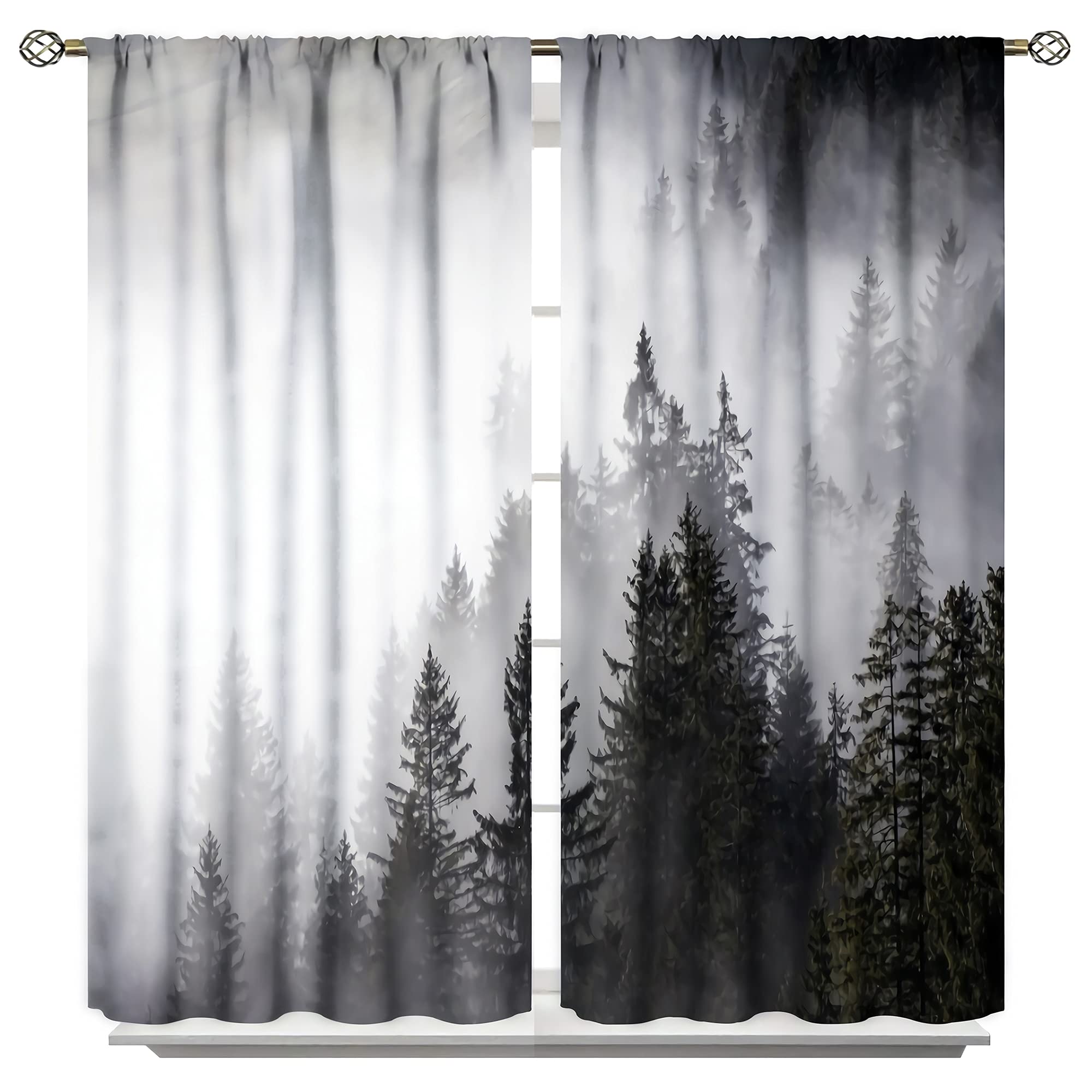 Foggy Forest Curtains Misty Mountain Rod Pocket Pine Nature Landscape Art Printed Living Room Bedroom Window Drapes 42x63inch(107x160cm)