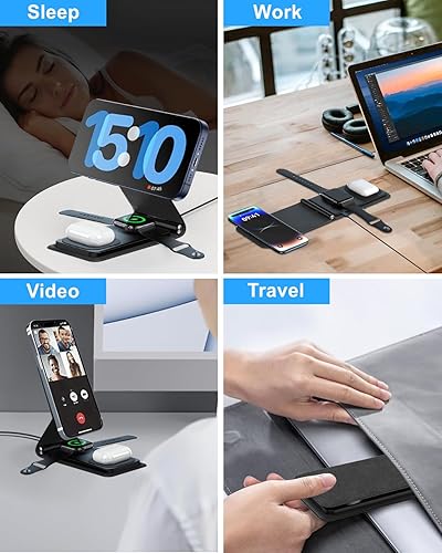 Miniatura 7 de Cargador inalámbrico magnético, estación de carga 3 en 1 de cuero para múltiples dispositivos Apple, soporte plegable de viaje rápido para iPhone 15