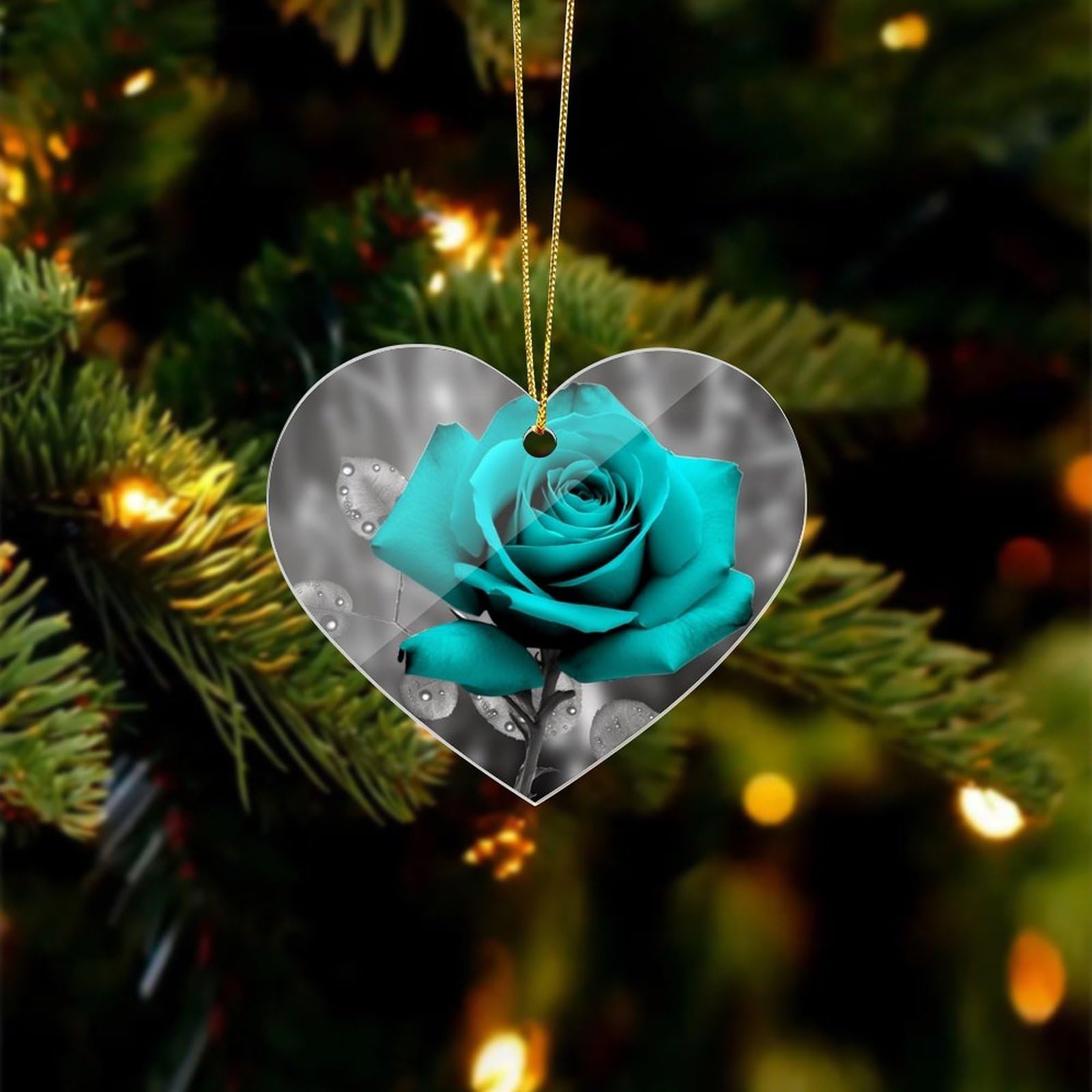 Teal Grey Rose Christmas Ornament Love Xmas Decorative Hanging Ornaments, Farmhouse Holiday Acrylic Pendant Gift for Xmas Tree Fireplace Mantel Wreath