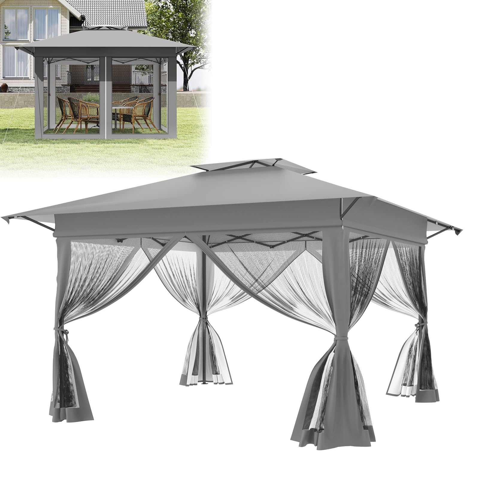 LZQ Cenador plegable para jardín, 4 x 4 m, impermeable, con paredes laterales de red, altura regulable, incluye bolsa de transporte con ruedas, protección UV, para jardín, terraza, patio trasero (gris