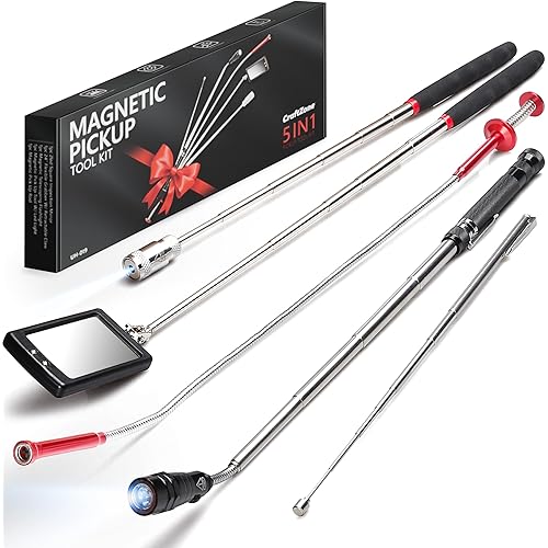 Telescoping Magnetic Pickup Tool Set, Inspection Mirrors and Four Claw Grabber Tool, Flexible LED Flashlight, Magnet Stick, Cool Gadgets for Men, Gifts for Husband