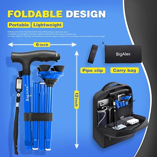 Vista 5 de BigAlex Bastón plegable con luz LED, base cuádruple giratoria, bastón ajustable con bolsa de transporte para hombres y mujeres azul(5'5"-6'3")