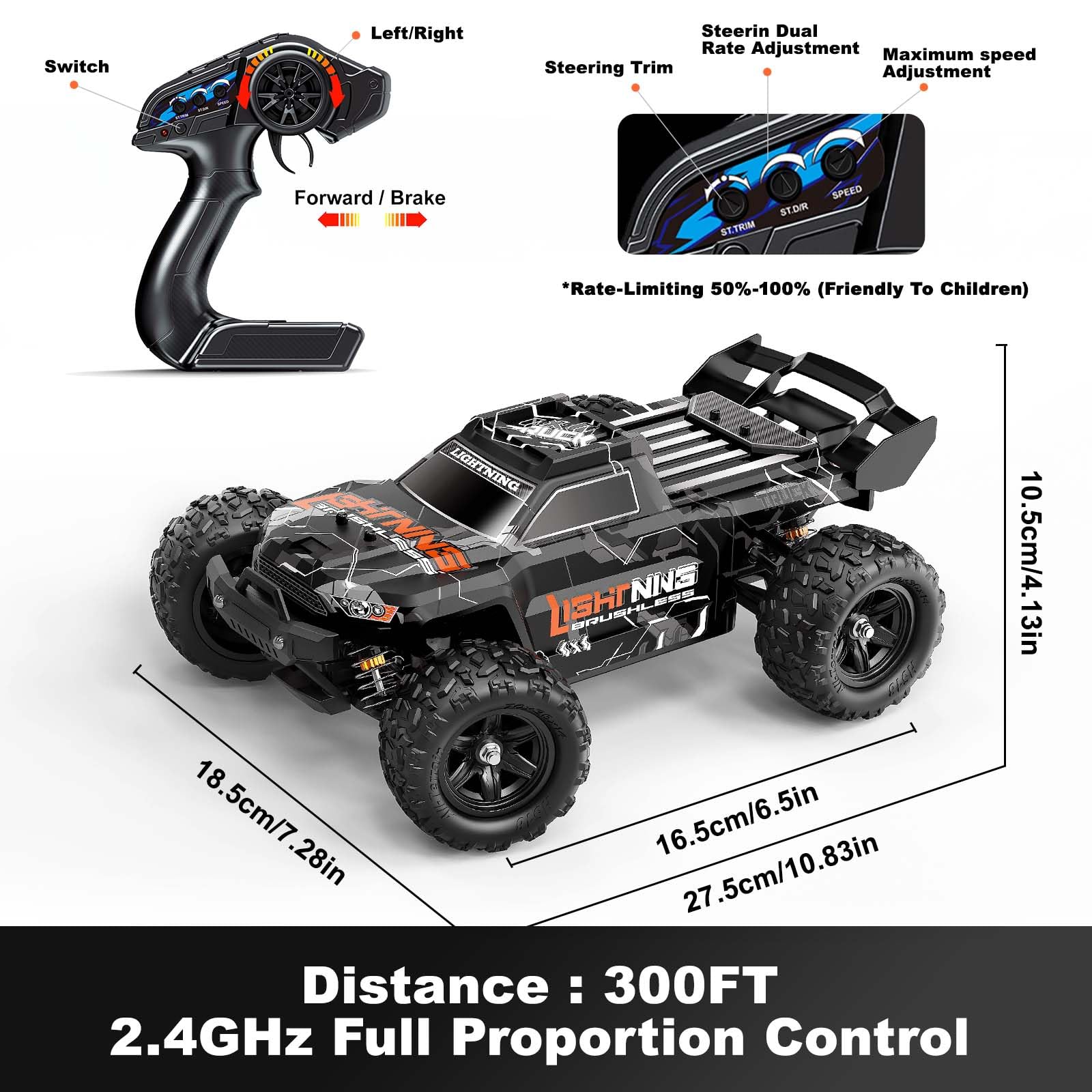 Voiture Télécommandée 1:18 Brushless 4WD Voiture RC 52 km/h pour Adultes & Enfants dès 8 10 Ans, Voiture RC Offroad RTR avec Transmission Métal, 2 Batteries & 2 Jeux de Pneus pour Tout Terrain & Sable