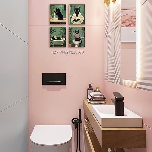 Miniatura 6 de Foritho Juego de 4 impresiones artísticas divertidas de lienzo para baño de gato negro, decoración de baño de gato, póster botánico tropical