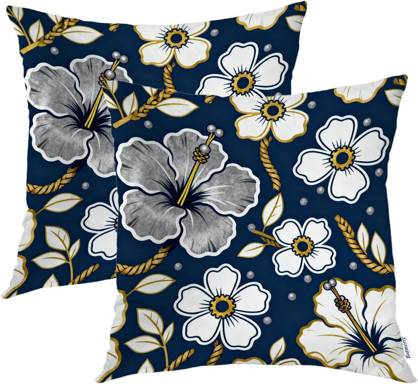 Batmerry Navy Vintage Hibiscus Throw Pillow Covers,Blue White Flower Tropical Decorative Pillow Covers Digital Printing Blended Fabric for Couch Sofa Bed Invisible Zipper 20X20 in