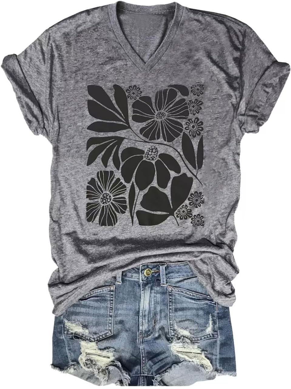 Vintage flowers v neck shirt for women, boho floral graphic tee