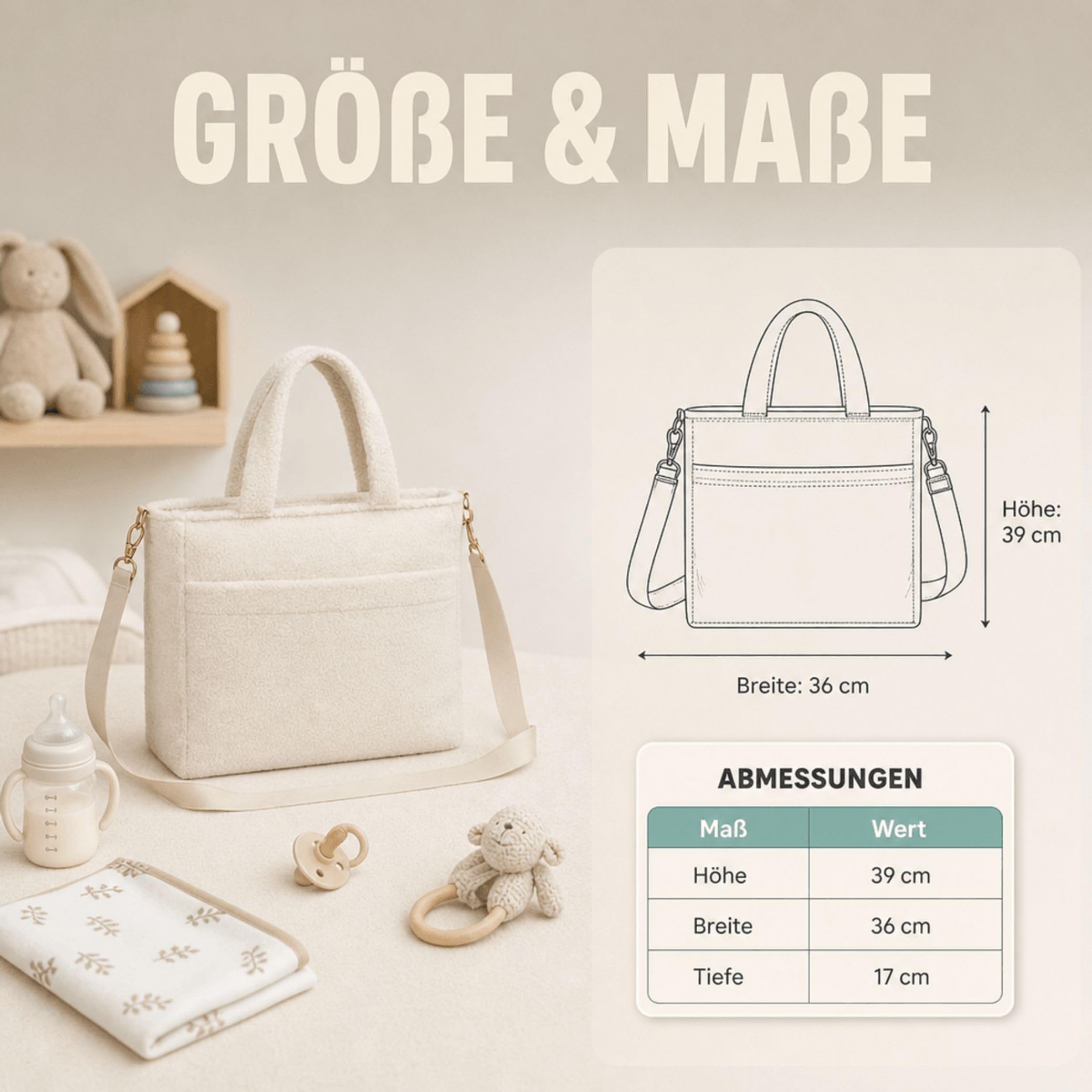 Fillikid Wickeltasche Teddy Big Exklusiv | Stilvolle Wickeltasche aus weichem Teddy-Material | Mit goldenen Details Wickelauflage, Schultertragegurt & Befestigungshaken für Kinderwagen und Buggys