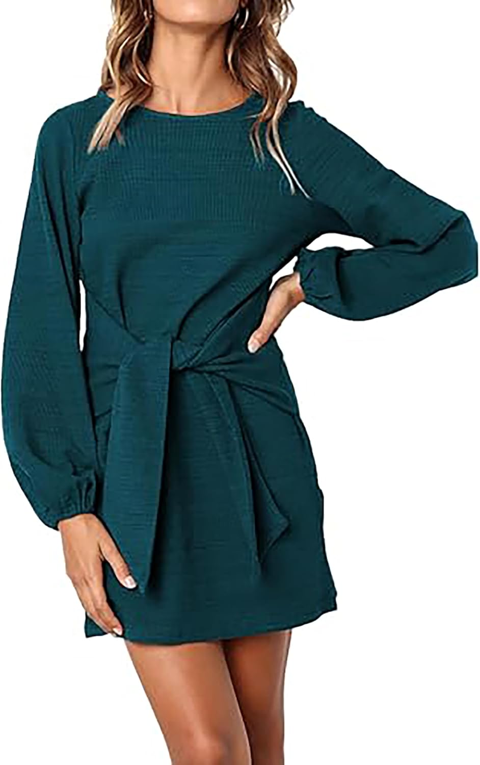 PRETTYGARDEN Womens Spring Elegant Long Lantern Sleeve Short Dress Wedding Guest Crewneck Tie Waist Knit Cocktail Dresses