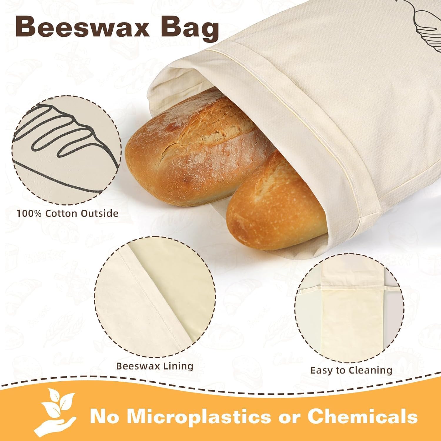 Beeswax Bread Bag for Sourdough Homemade, 2 Pack Organic Waxed Liner and Linen Fabric Bread Bag Loaf for Home Bakers, Foods, Baking Store, Beige,X-large image 3