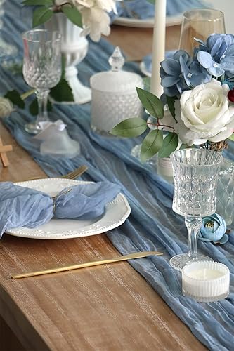 Miniatura 8 de 5 caminos de mesa de 13 pies color azul polvoriento, camino de mesa bohemio de gasa de queso, camino de mesa rústico transparente de 160 pulgadas de