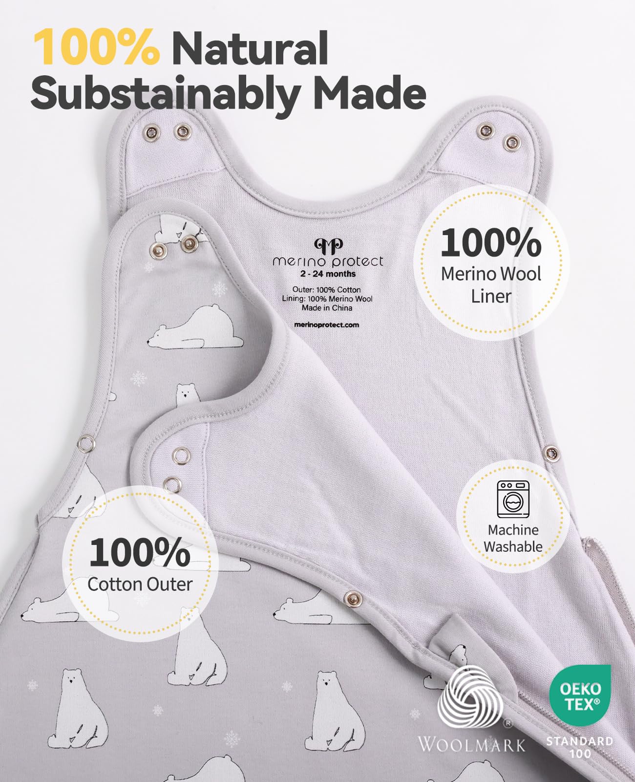 Merino Protect Baby Schlafsack aus Merinowolle mit Baumwoll-Außenseite | Merinowollfutter und Baumwoll-Außenseite sorgen für Komfort bei Nickerchen, Nachtschlaf, Reisen und ganzjährig