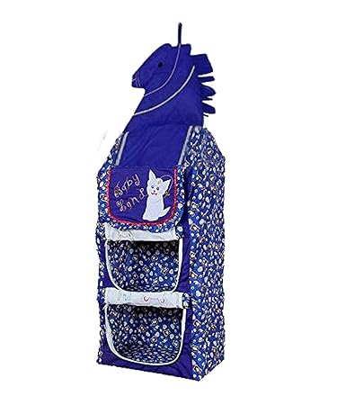 Kuber Industries Printed Horse Design Cotton Three Cabinet Baby Almirah, Kids Wardrobe, Cloth Organizer, Folding Almirah, Toy Box (Blue) - CTKTC031005