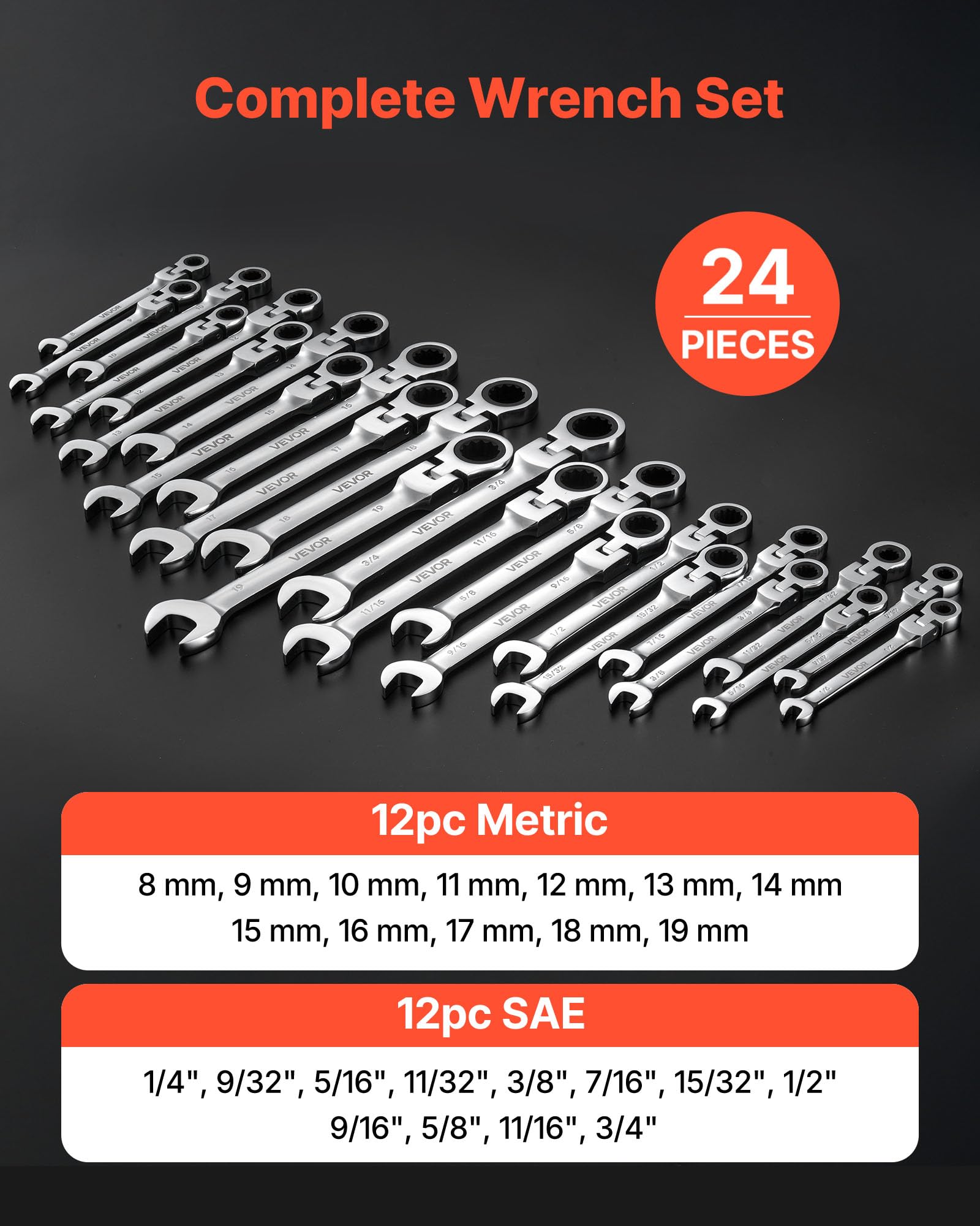VEVOR Jeu de Clés Mixtes 24 Pièces, Clé Plate à Cliquet avec Tête Flexible, pour Réparation Domestique et Automobile Atelier, SAE et Métrique, 72 Dents, en Acier Cr-V, avec Coffret de Rangement