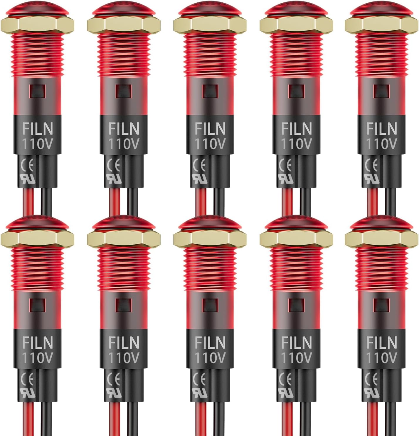 10PCS Small 110V LED Indicator Light, 8mm (5/16") IP67 Waterproof Low Power Pilot Lights Panel Mount for Car, Truck, Boat, Marine, Dash(110v, Red)