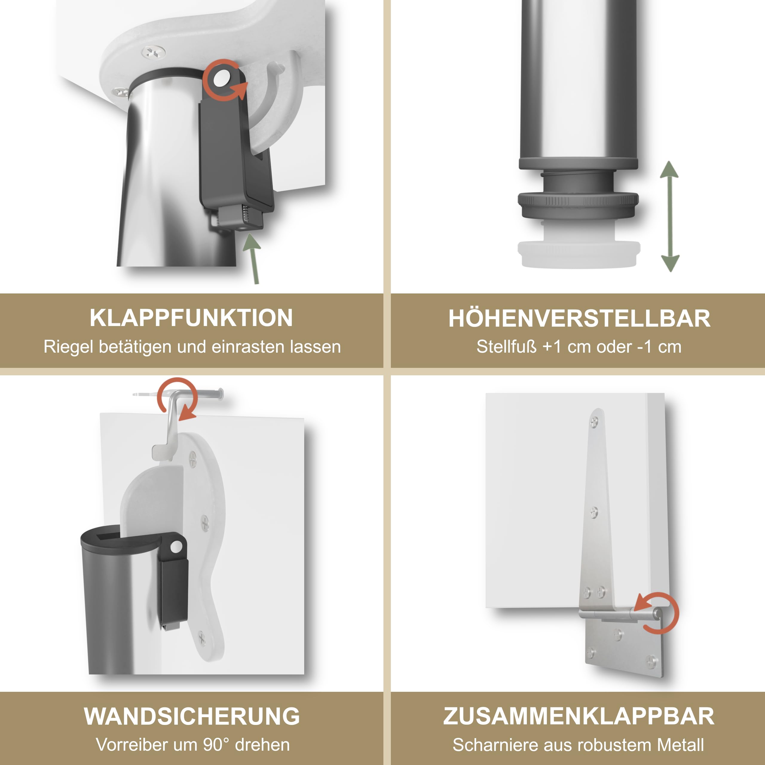 KDR Wandklapptisch 80x50 cm Weiß – Klapptisch mit Tischbein in Chrom zur Wandmontage – als Esstisch, Schreibtisch oder Küchentisch – Höhe 74 cm