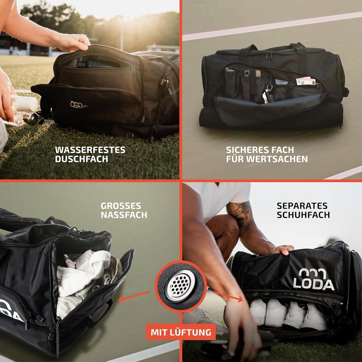 LODA Team 68L Sporttasche mit Schuhfach Nassfach Rucksackfunktion Wertsachenfach