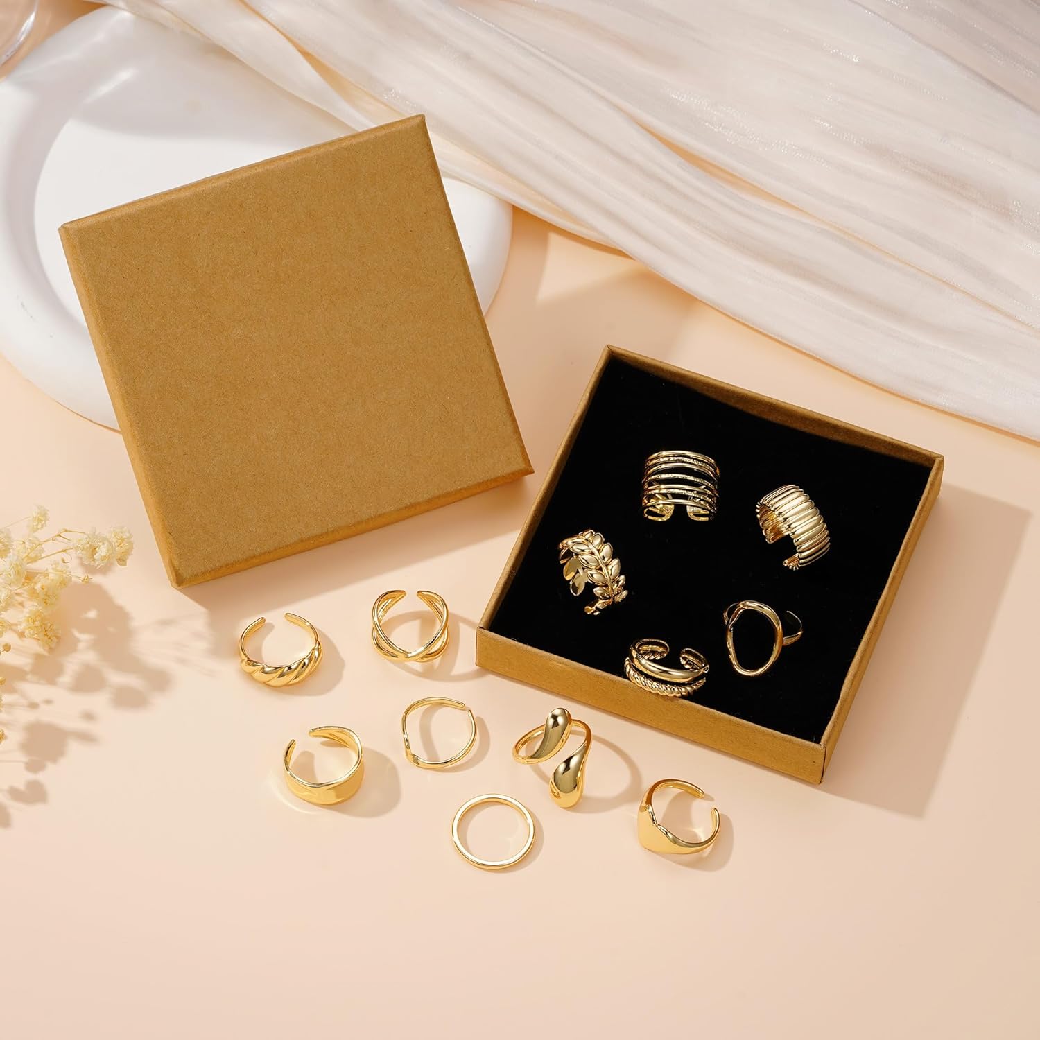 Yoosteel Valentines Day Gifts for Her Womens Chunky Gold Rings - 12 PCS Hypoallergenic 14K Gold Plated Thick Stackable Rings for Women Non Tarnish Dainty Gold Adjustable Ring Stack Set Trendy Jewelry - Image 6