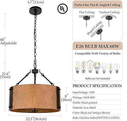 Miniatura 6 de Candelabro industrial, pantalla de tambor de bronce rústico de 3 luces, accesorio de iluminación colgante de granja con detalles de metal para