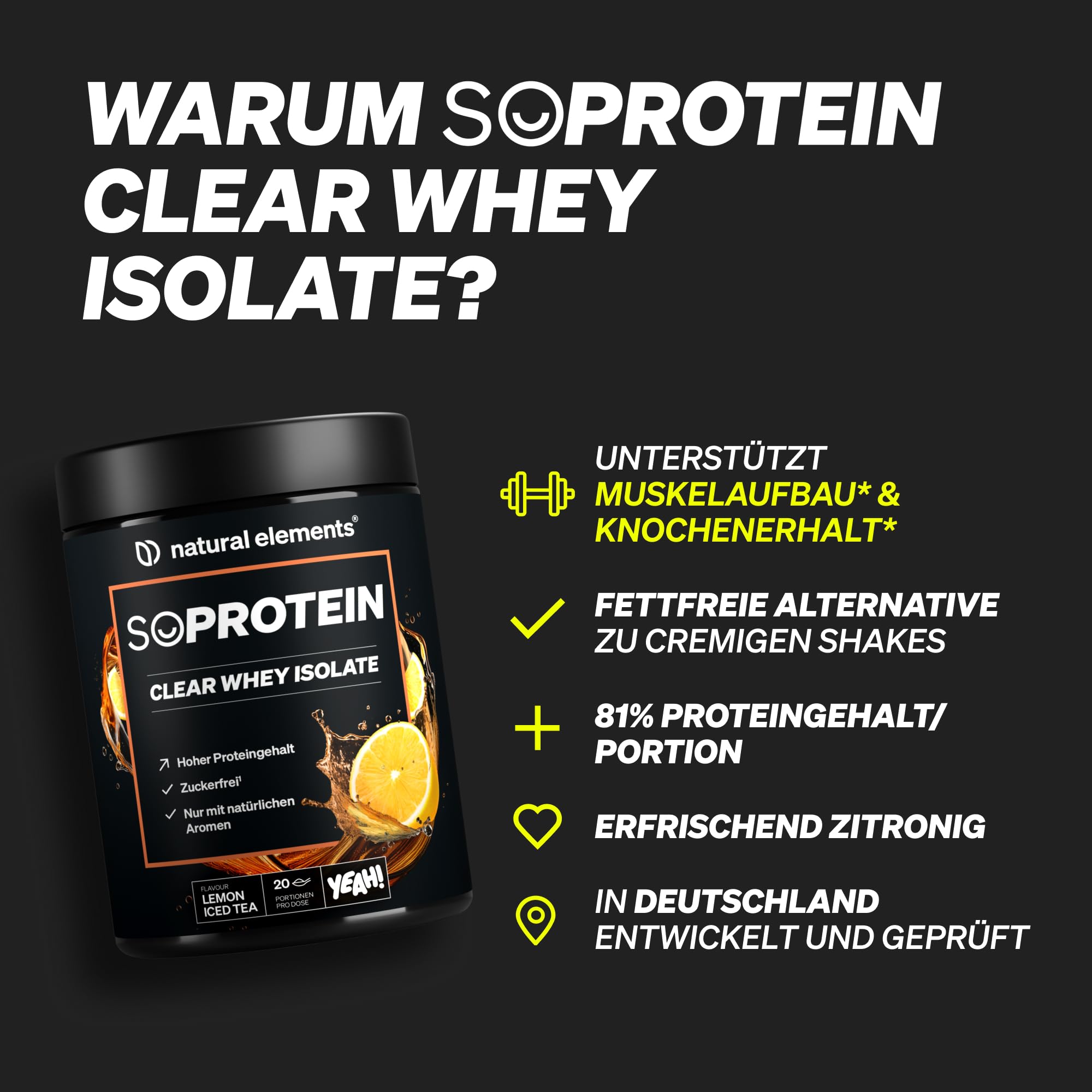 natural elements SoProtein Clear Whey Isolate 600g – Lemon Iced Tea Geschmack – Proteinpulver – erfrischender Protein-Shake – in Deutschland produziert & laborgeprüft