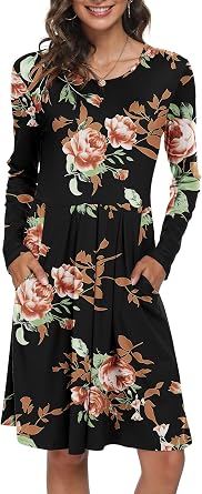 DouBCQ Women's Casual Long Sleeve Flowy Pleated Fall Dresses with Pockets | Fall Crew Neck Swing Empire Waist A line Dress