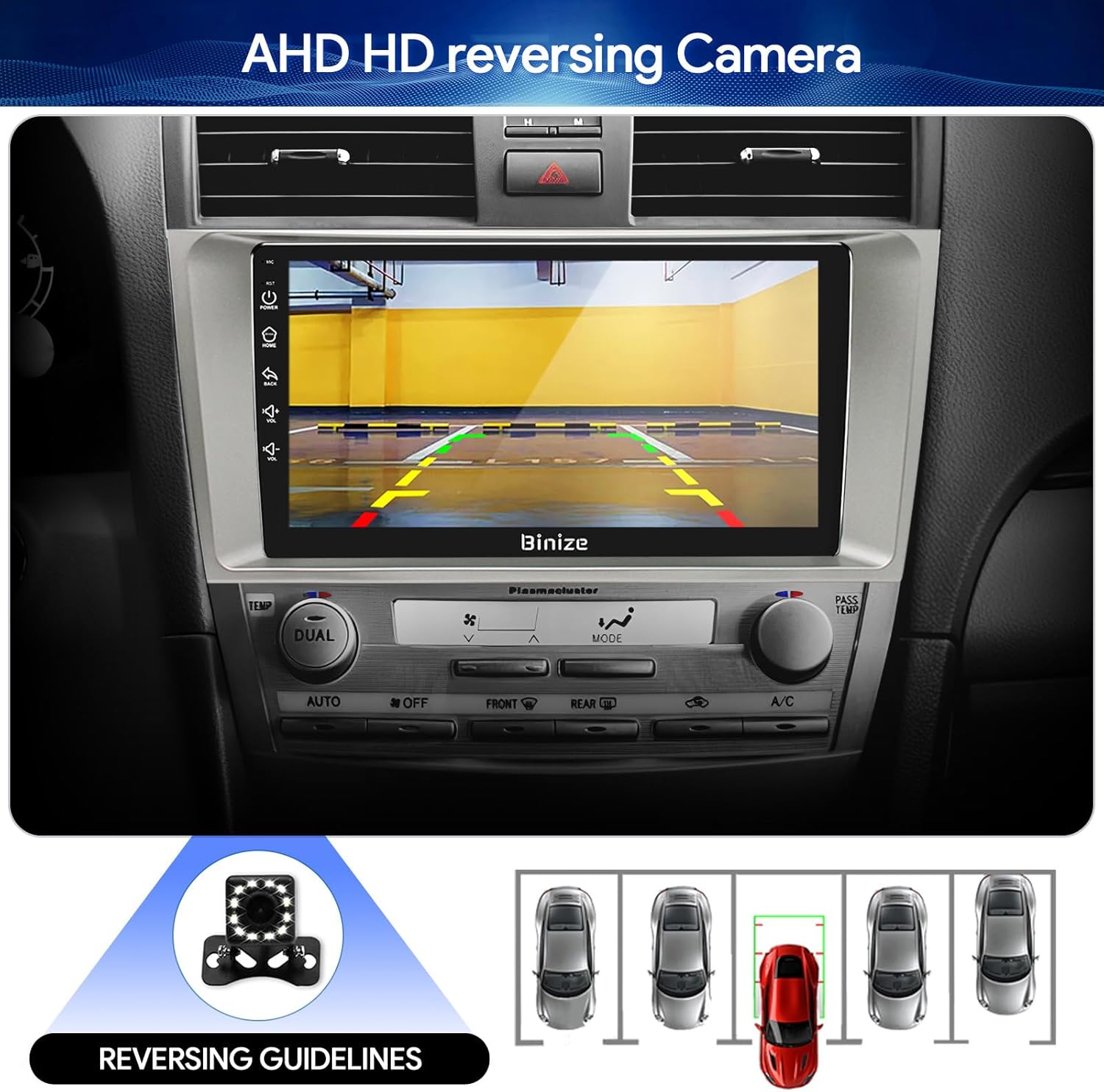 BINIZE Android 13 Car Stereo displaying the AHD HD reversing camera view with parking guidelines.