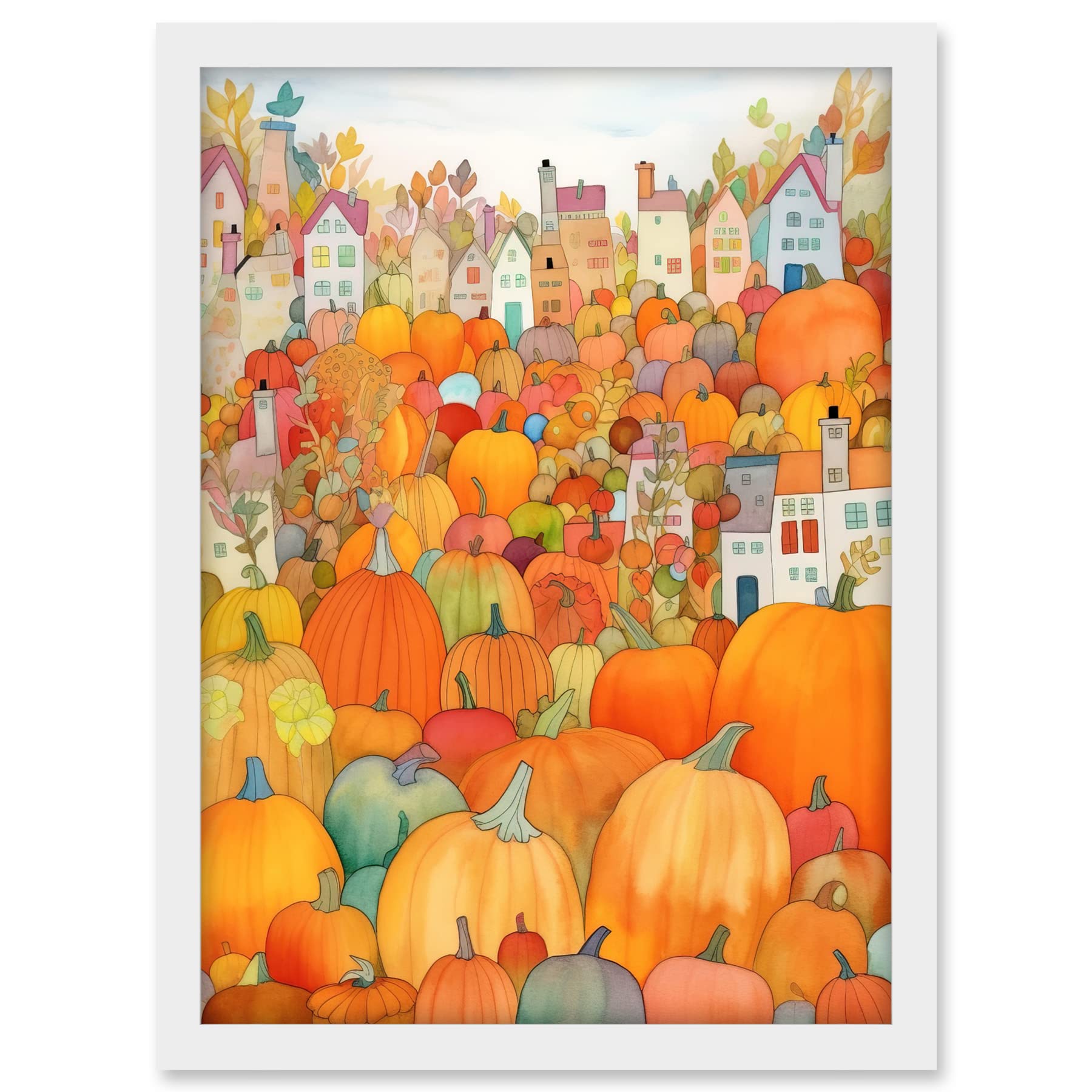 Artery8 Halloween Pumpkin Festival Autumn Harvest Modern Folk Art Watercolour Painting Artwork Framed A3 Wall Art Print