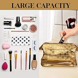 Abiudeng Large Makeup Bag for Women,Travel Makeup Organizer with Brush Holder, Dopp Kit Essentials,Waterproof Checkered Cosmetic Bag for Traveling,Multi Compartment,Cute,Spacious Capacity-golden