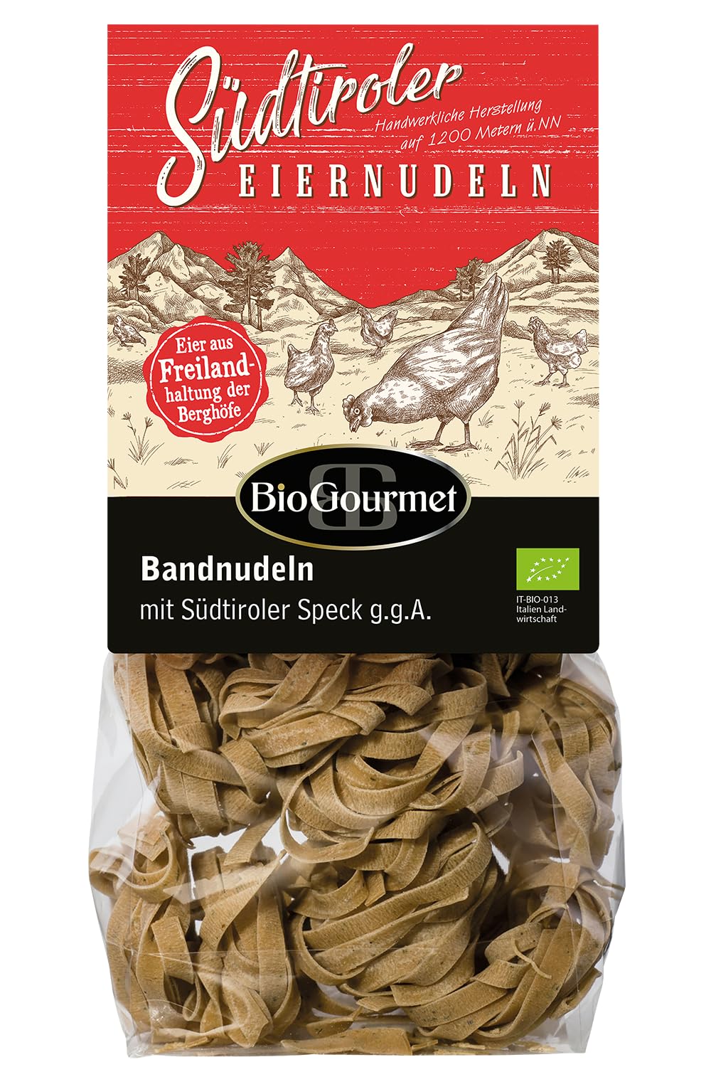 BioGourmet Bandnudeln mit Südtiroler Speck g.g.A. | Rustikale Eiernudeln mit knusprig-würzigem Südtiroler Brotgeschmack | 1 x 250 g Bio