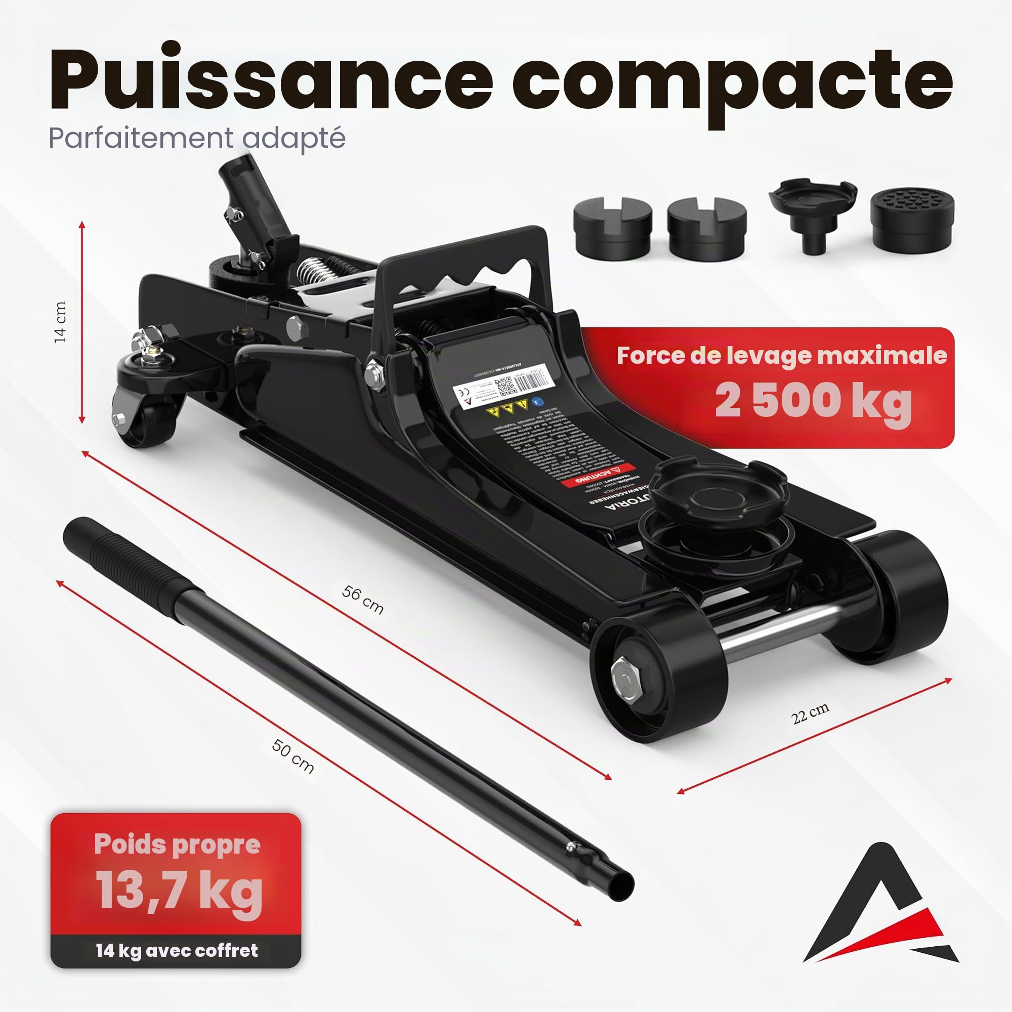 AUTORIA Cric 2,5T – Cric hydraulique plat avec mallette, 3X support en caoutchouc et adaptateurs – pour voitures et véhicules surbaissés – jusqu’à 2 500 kg de capacité de levage