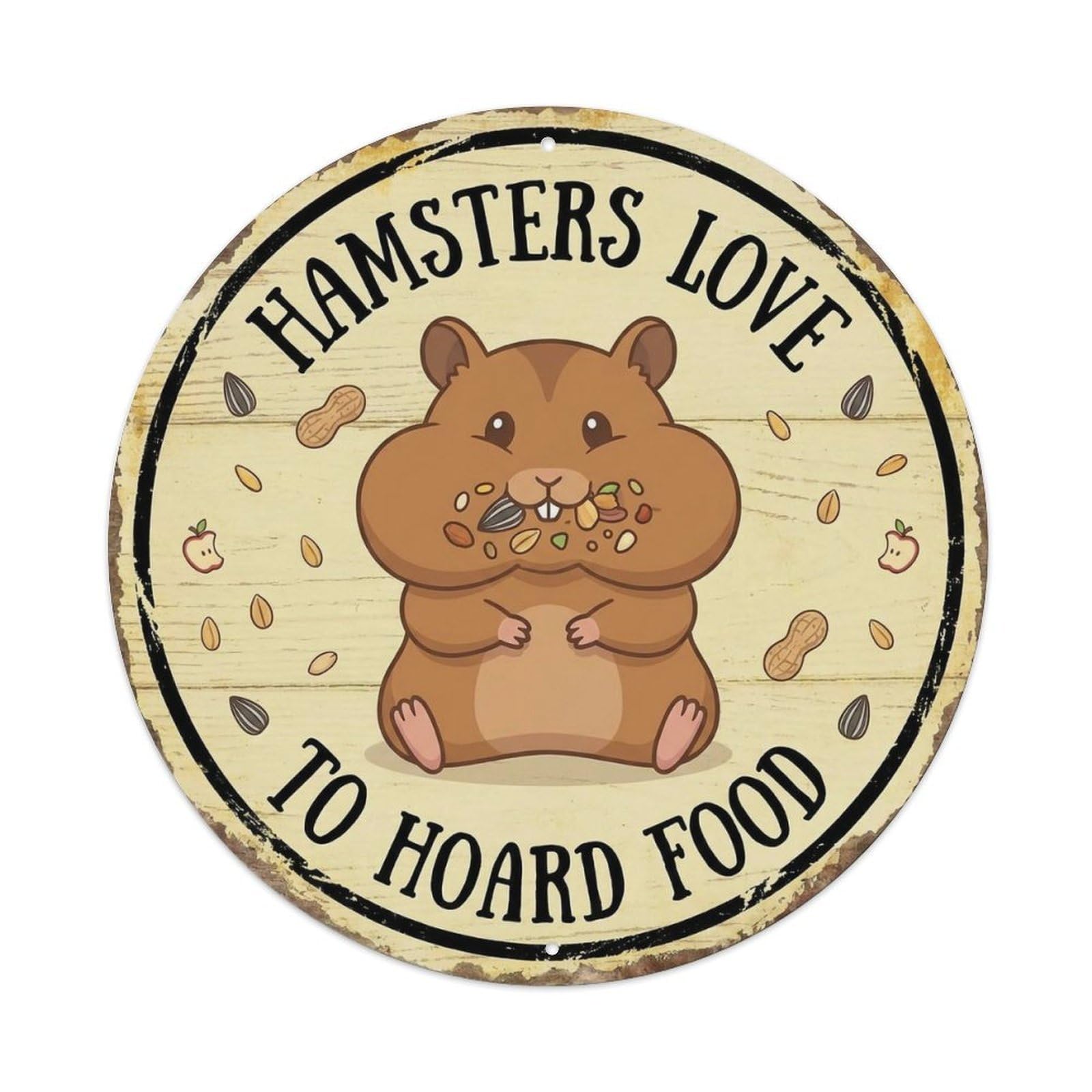 Hamster Hoarding Round Wall Hanging Metal Tin Sign