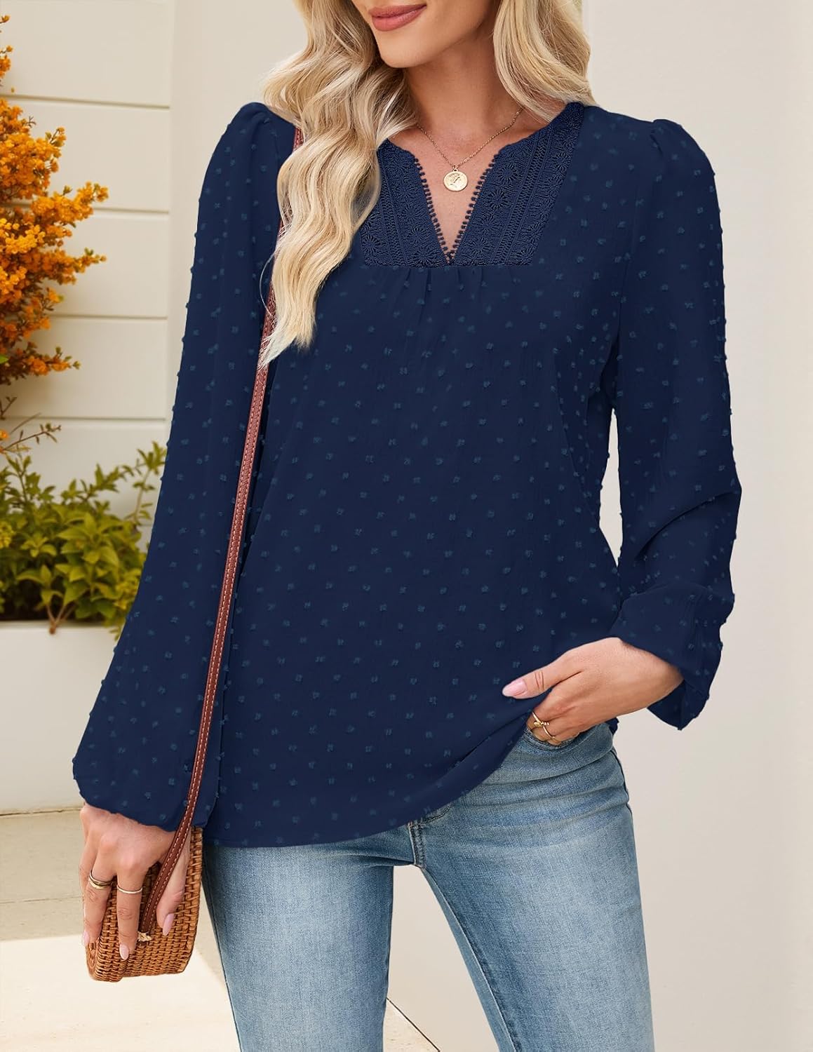 MEROKEETY Women's Fall Long Sleeve Blouse Shirt 2025 Dressy Casual Crochet Lace V Neck Swiss Dot Tops - Image 5