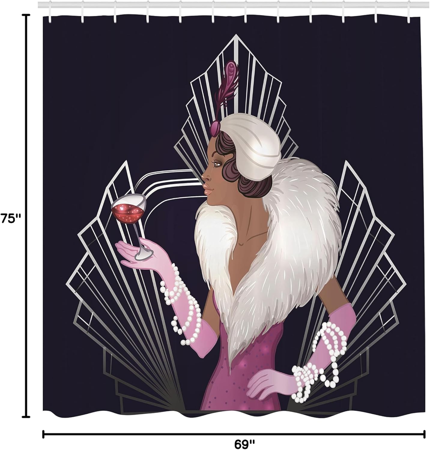 Ambesonne Old Hollywood Shower Curtain, 1920s Style Lady with Fur Collar and Bracelets Holding a Wine Glass Print, Cloth Fabric Bathroom Decor Set with Hooks, 69" W x 75" L, Indigo Purple
